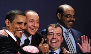 Barack Obama, Silvio Berlusconi and Dimitry Medvedev share a good laugh at the G20 Summit. Photograph by Dominique Faget AFP Getty. Images